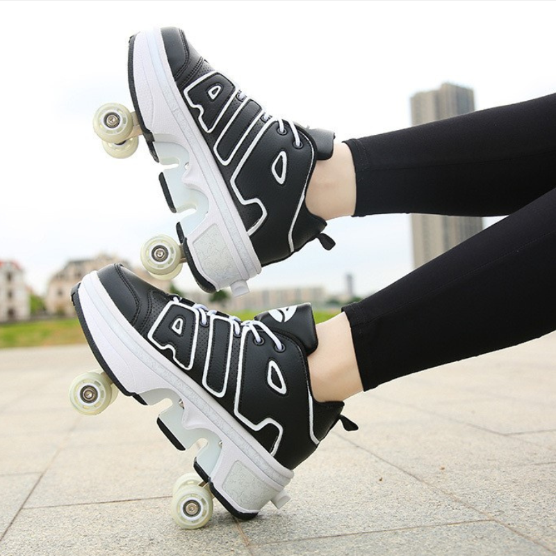 kick speed black roller skate shoes on feet, 4 wheel sneakers for kids and adults, stylish roller skate shoes with pop up wheels