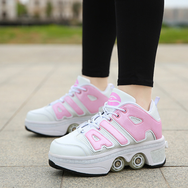 pink nike roller skate shoes, outdoor view, roller skate shoes for kids and adults, pop up wheels sneakers