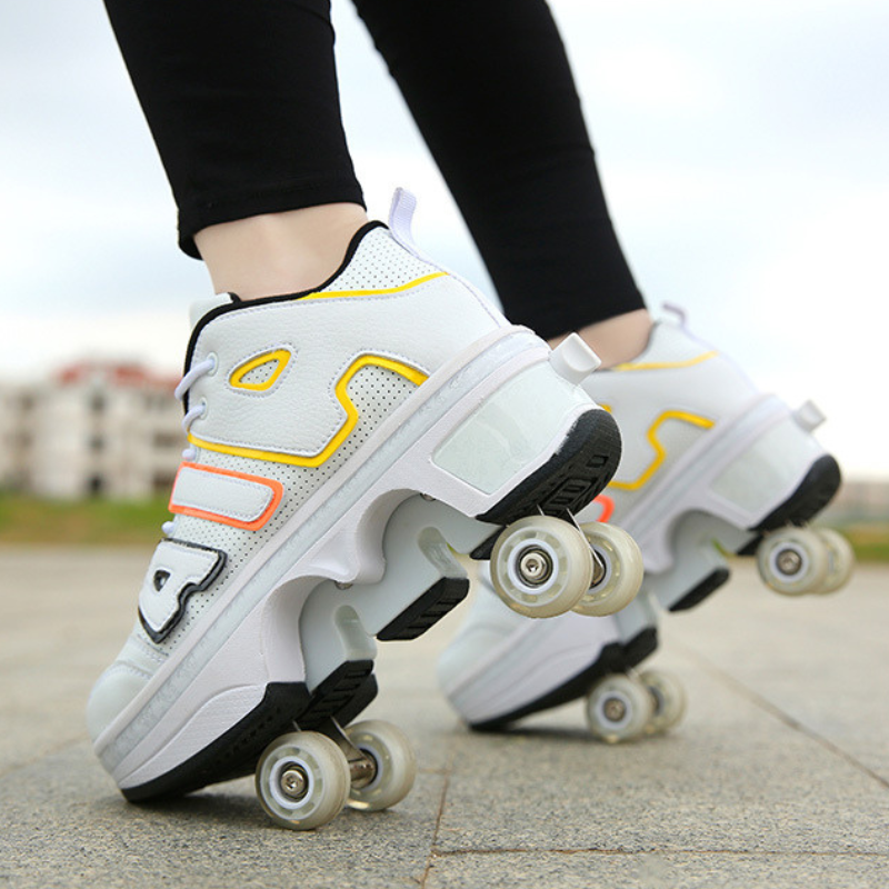 white nike inspired roller skate shoes close up, colorful 4 wheel shoes for adults and kids, sneakers with pop up wheels