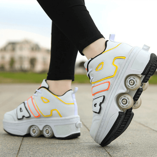 white Kick Speed 4 wheel roller shoes outdoor side view