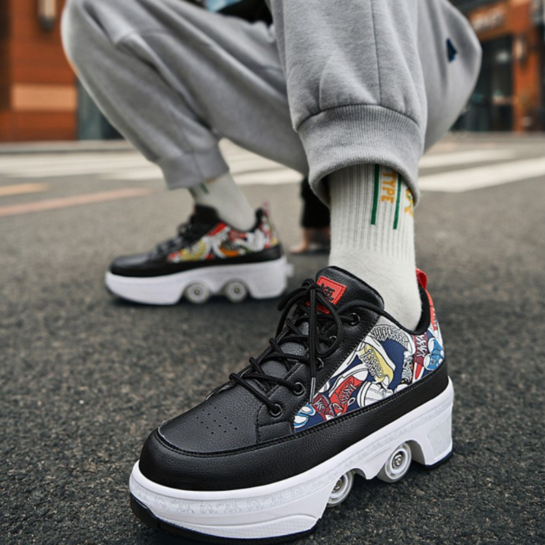 black Kick Speed Tokyo low-top roller skate shoes for adults, lifestyle photo on city street
