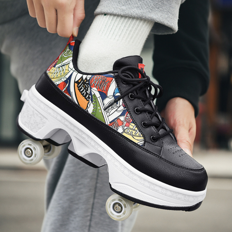 person wearing black Kick Speed Tokyo roller skate shoes with comic design, adjusting roller shoe before skating