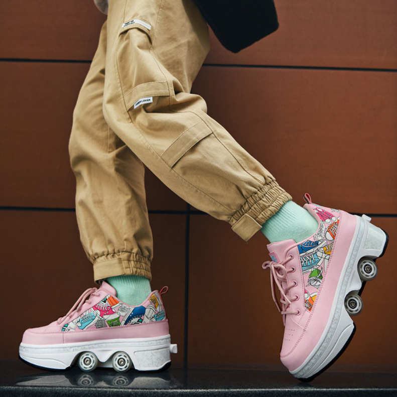 pink Kick Speed roller skate shoes with wheels, side view while walking on city street