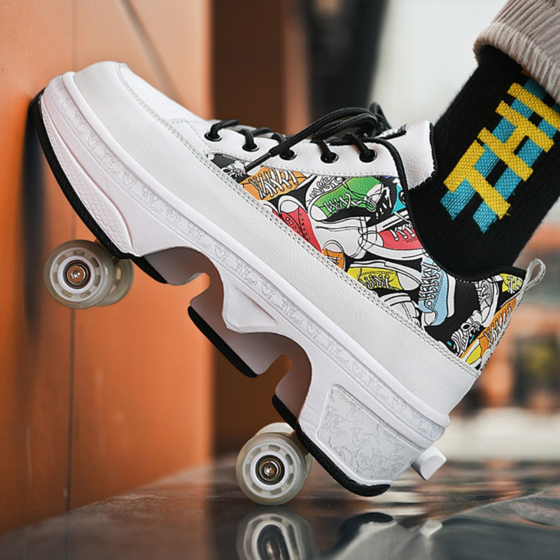 white Kick Speed roller skate shoes, side close-up detail of pop-up wheel design