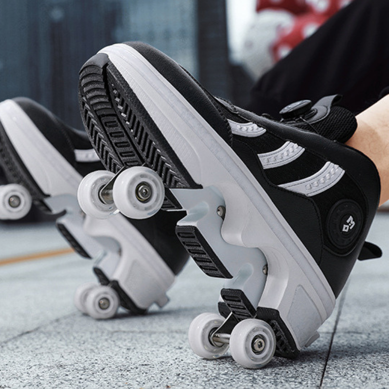 Kick Speed black shoes with wheels for adults close up view of retractable pop up wheels and anti slip sole for smooth skating