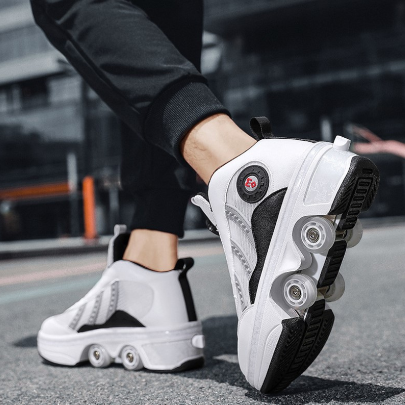 man walking in Kick Speed white roller skate shoes with black detailing, 4 wheel retractable sneakers with twist lock tightening system for men and women