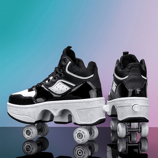 black glossy roller snekaers, pop-out wheel shoes with wheels