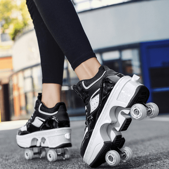side close-up of black Kick Speed roller shoes, cool roller shoes with pop out wheel mechanism