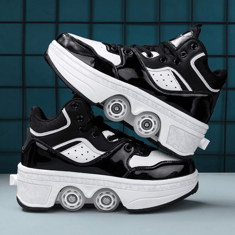 side view of black and white Kick Speed Vapor MID Roller Skate Shoes on modern grid background, sporty roller shoes for casual wear