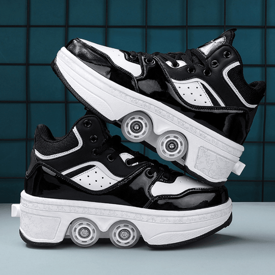 side view of black and white Kick Speed Vapor MID Roller Skate Shoes on modern grid background, sporty roller shoes for casual wear