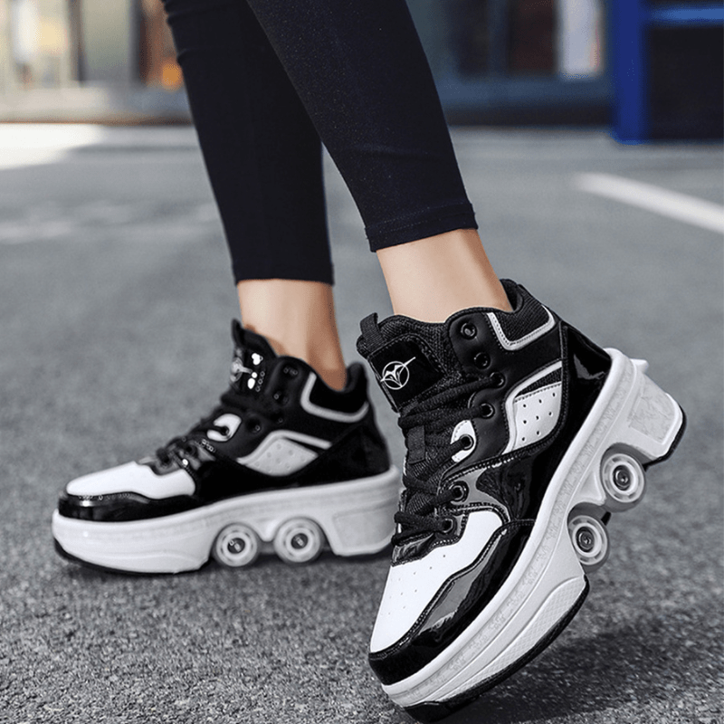 woman standing in black roller skate shoes, outdoor photo, 4 wheel shoes with non-slip sole