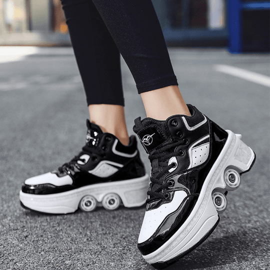 woman standing in black roller skate shoes, outdoor photo, 4 wheel shoes with non-slip sole