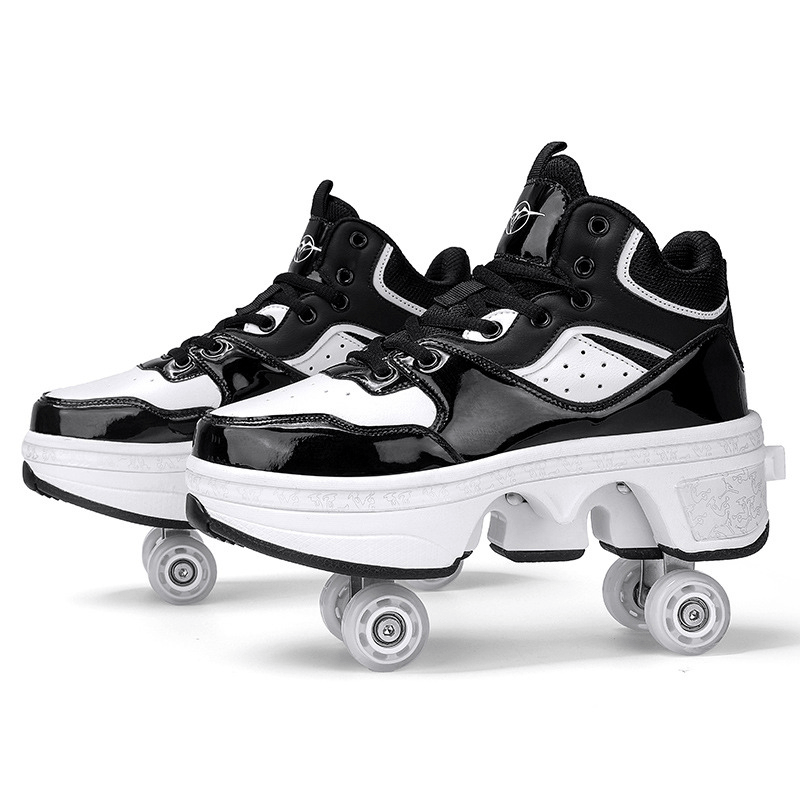 studio photo of black and white roller skate shoes on white background, pop-out wheel design for easy skating transition