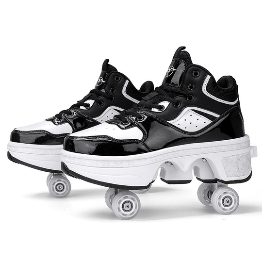 studio photo of black and white roller skate shoes on white background, pop-out wheel design for easy skating transition