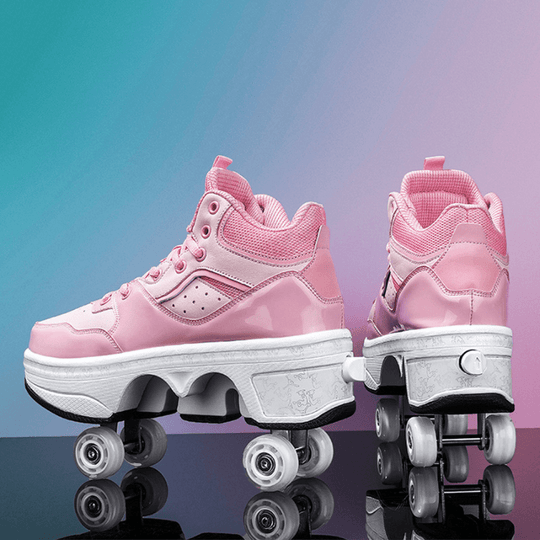pink Kick Speed Vapor MID Roller Skate Shoes on reflective surface showing dual rear wheels, fashionable shoes with wheels for kids