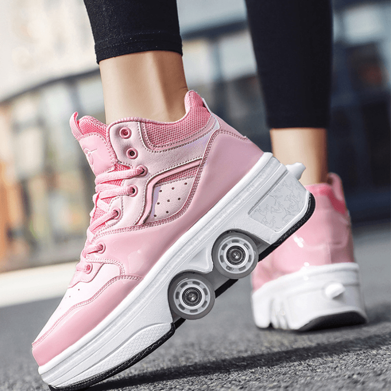 Kick Speed Vapor MID Roller Skate Shoes pink model close-up showing four pop-out wheels, stylish roller shoes for girls
