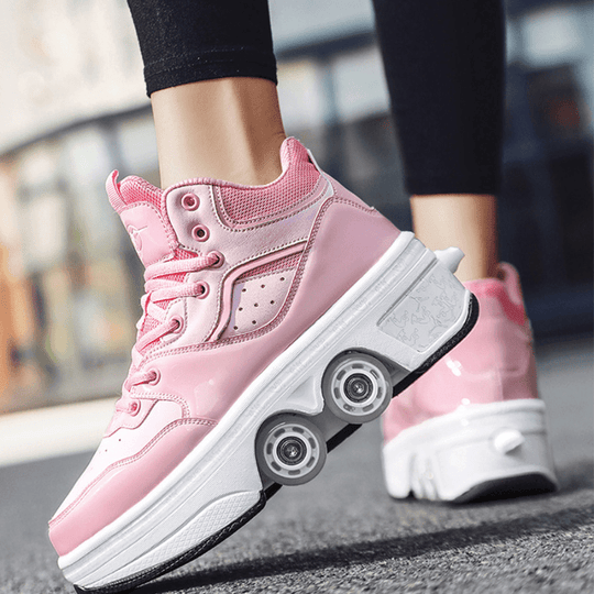 Kick Speed Vapor MID Roller Skate Shoes pink model close-up showing four pop-out wheels, stylish roller shoes for girls
