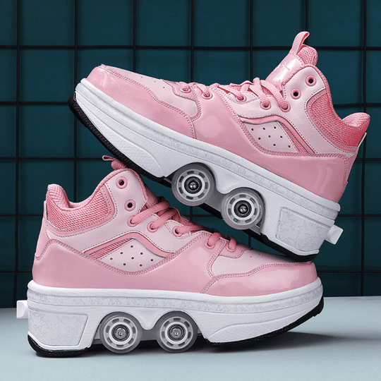 pink sneakers with wheels side angle close-up, breathable roller shoes with four hidden wheels, grid bakground