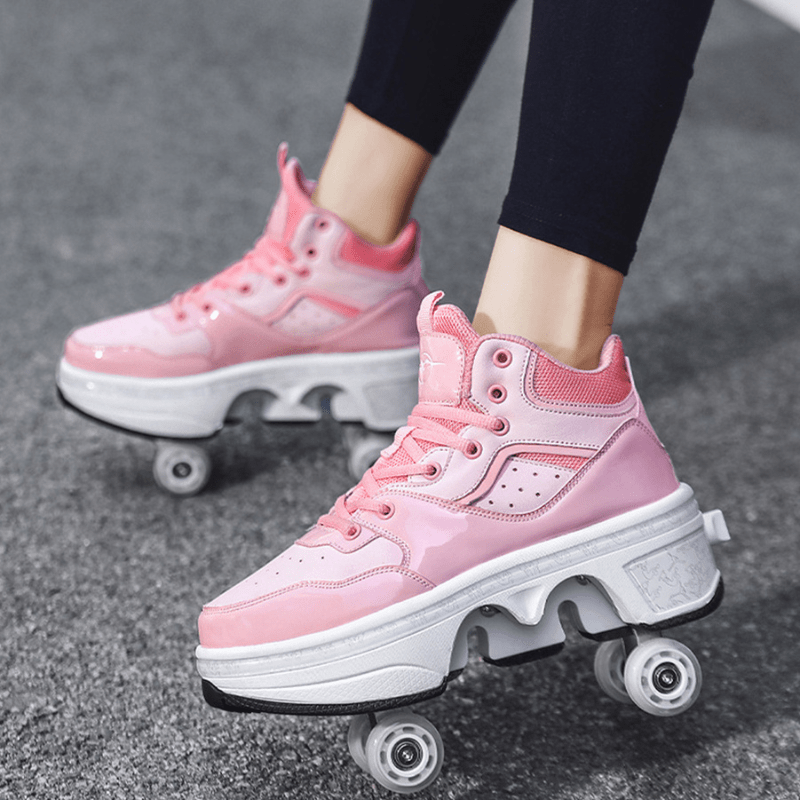 side close-up of pink Kick Speed shoes with wheels, cool roller shoes with pop-out wheel system, outdoor photo