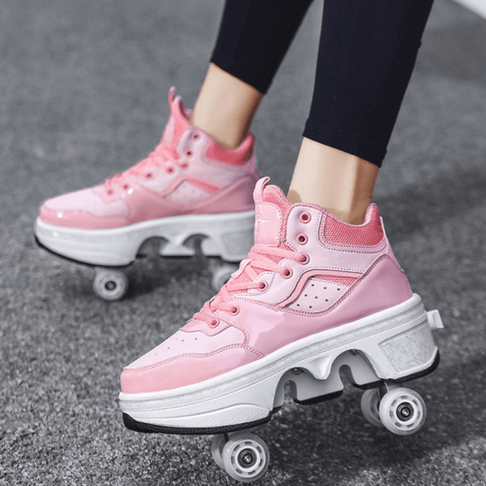 side close-up of pink Kick Speed shoes with wheels, cool roller shoes with pop-out wheel system, outdoor photo