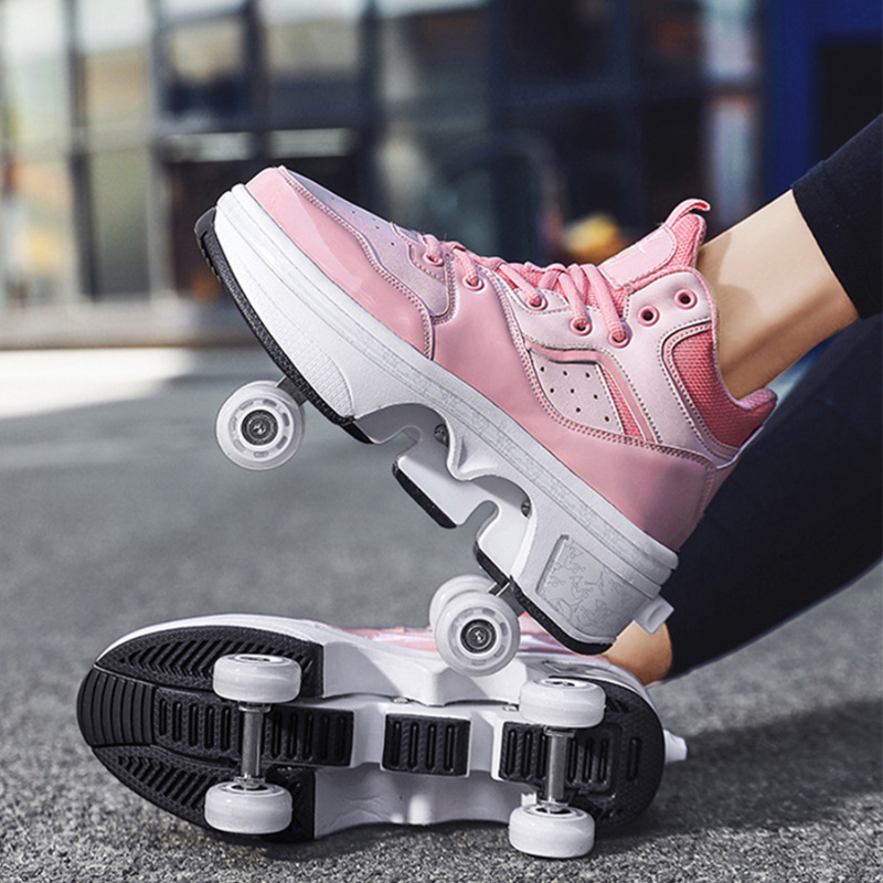 pink Kick Speed Vapor MID Roller Skate Shoes side angle showing bottom wheel mechanism and non-slip sole on outdoor surface