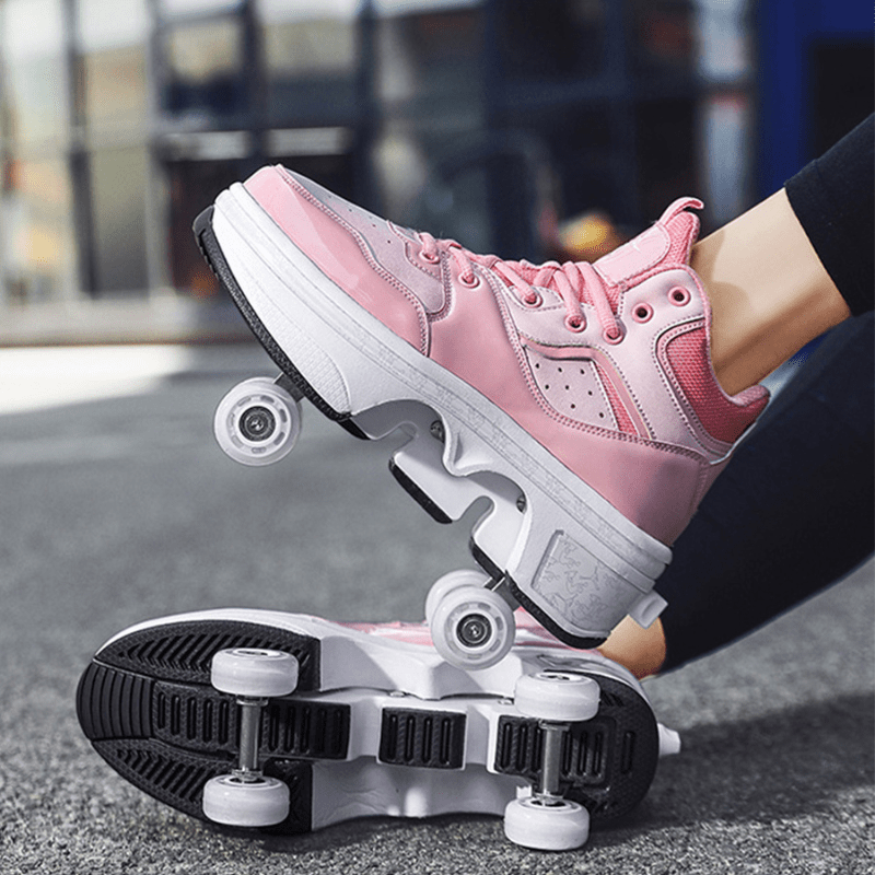 female wearing pink Kick Speed roller skate shoes on street, retractable roller skate sneakers for adults