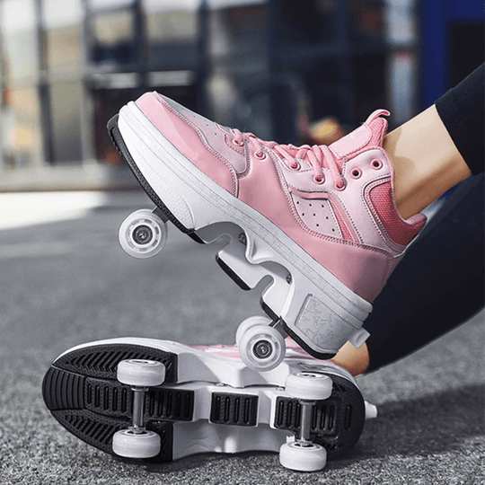 female wearing pink Kick Speed roller skate shoes on street, retractable roller skate sneakers for adults