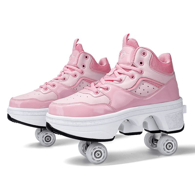 white Kick Speed deformation shoes with black details, mid-top retractable roller shoes for walking and skating