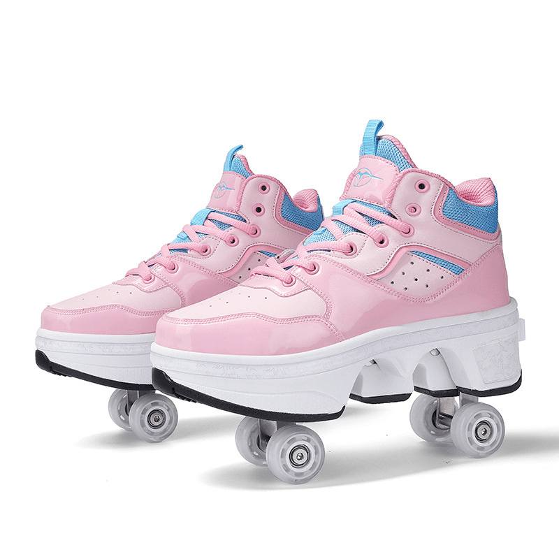 light pink roller skate shoes with blue accents side view, trendy roller skate shoes for girls with wheels, studio photo on white background