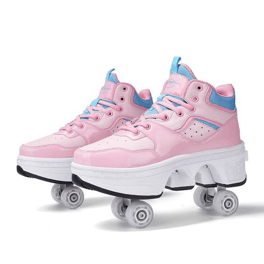 light pink roller skate shoes with blue accents side view, trendy roller skate shoes for girls with wheels, studio photo on white background