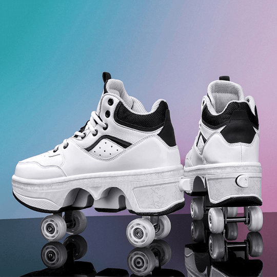 white and black Kick Speed roller skate shoes on gradient background, retractable roller skate sneakers for boys and girls