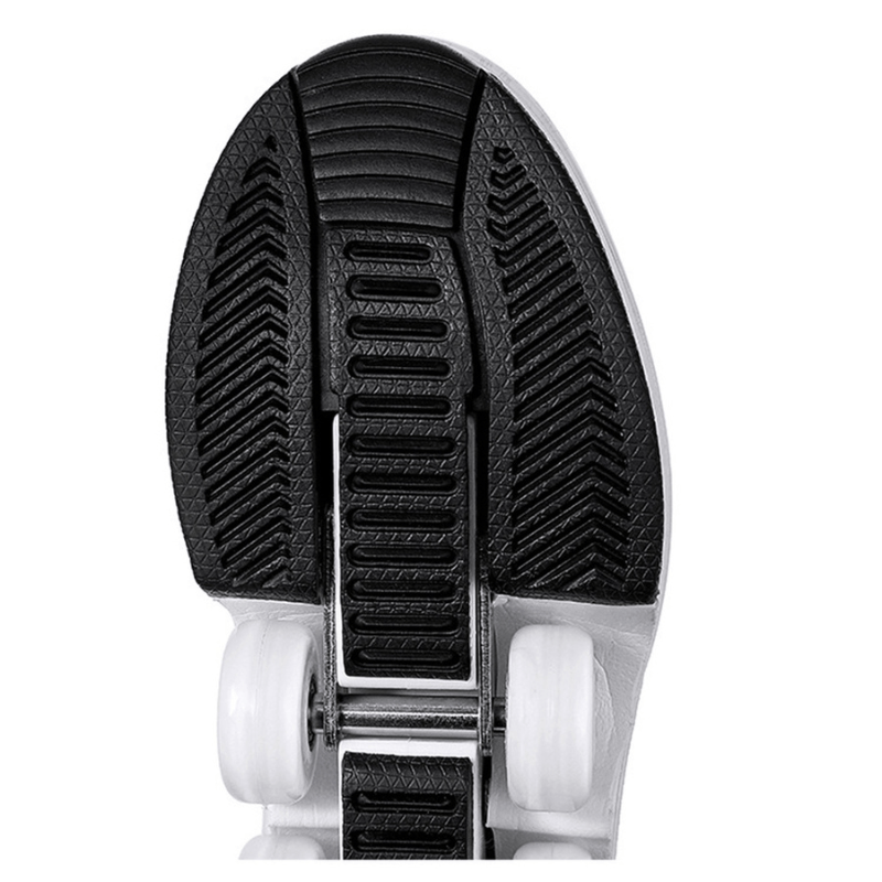 bottom sole detail of Kick Speed roller skate shoes featuring black non-slip tread and dual wheel mechanism, durable roller shoes for smooth traction