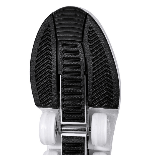 bottom sole detail of Kick Speed roller skate shoes featuring black non-slip tread and dual wheel mechanism, durable roller shoes for smooth traction