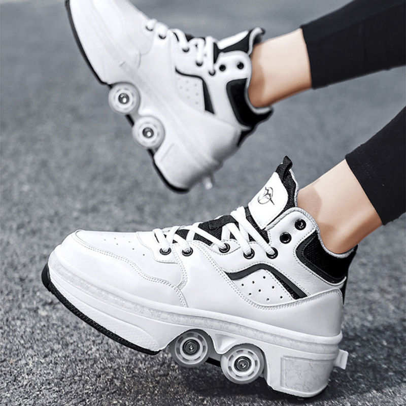 white Kick Speed Vapor MID Roller Skate Shoes worn while skating outdoors, comfortable shoes with wheels for adults and kids