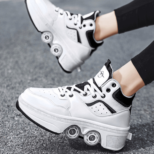 side close-up of Kick Speed  Vapor MID Roller Skate Shoes, outdoor photo on asphalt