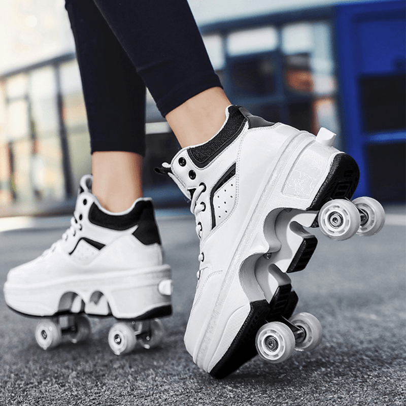 side close-up of white roller skate shoes showing pop-out wheels in motion on pavement, modern shoes with wheels for everyday skating