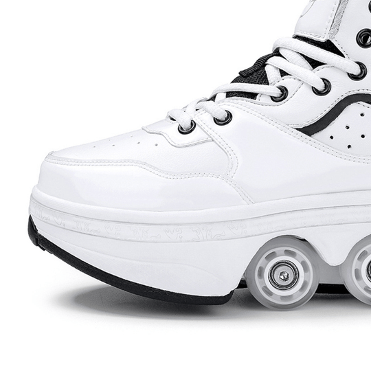 close-up of Kick Speed Vapor MID Roller Skate Shoes white model showing side profile and visible pop-out wheels, premium 4 wheel shoes with durable sole and smooth rolling design for kids and adults