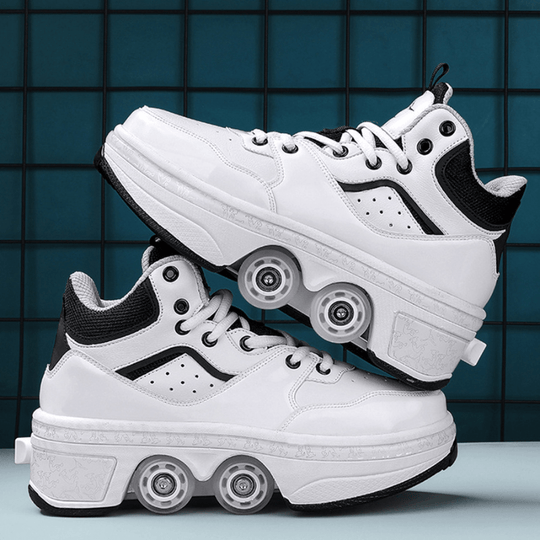 side view of white roller sneakers on grid background, durable 4 wheel shoes for skating and walking