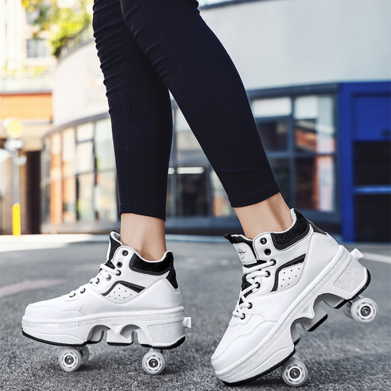 white Kick Speed Vapor MID Roller Skate Shoes street view showing retractable 4 wheel shoes for skating and walking comfort