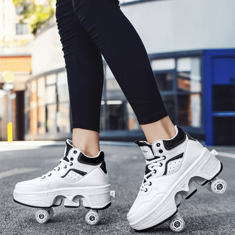 Kick Speed Vapor MID Roller Skate Shoes white and black model worn outdoors, stylish mid-top 4 wheel shoes for kids and adults with retractable wheels