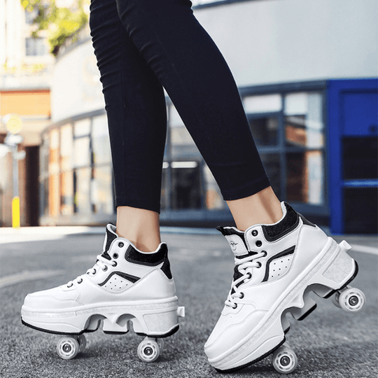 Kick Speed Vapor MID Roller Skate Shoes white and black model worn outdoors, stylish mid-top 4 wheel shoes for kids and adults with retractable wheels