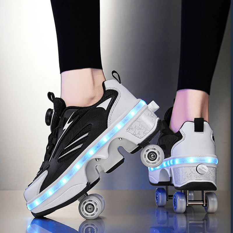 side and back angle of black Kick Speed LED roller skate shoes highlighting twist lock design and LED sole