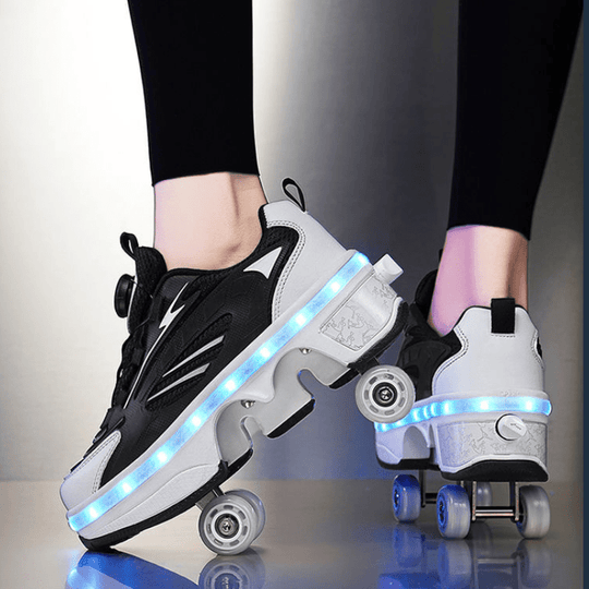side and back angle of black Kick Speed LED roller skate shoes highlighting twist lock design and LED sole