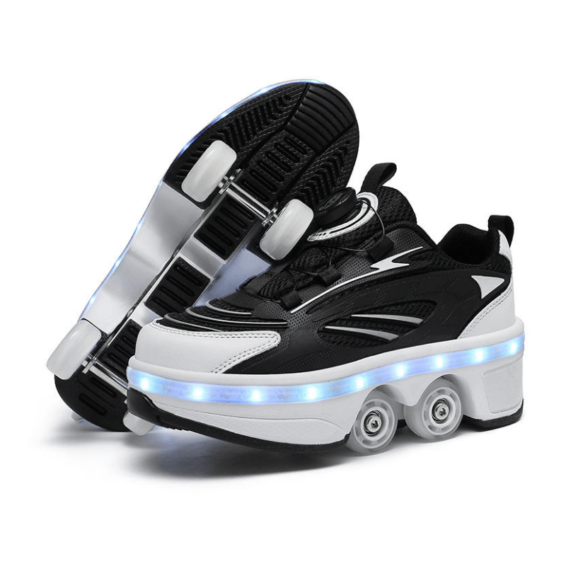 side profile of black LED roller skate shoes with glowing LED lights sole and retractable wheels 