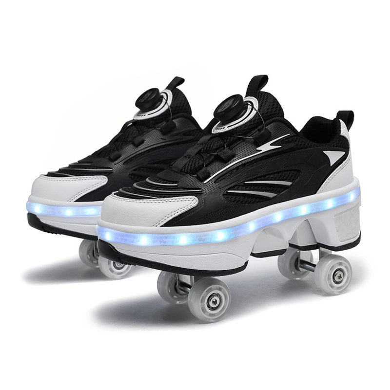 Kick Speed Viper Twist Lock LOW Roller Skate Shoes with LED lights in black with illuminated sole on white background