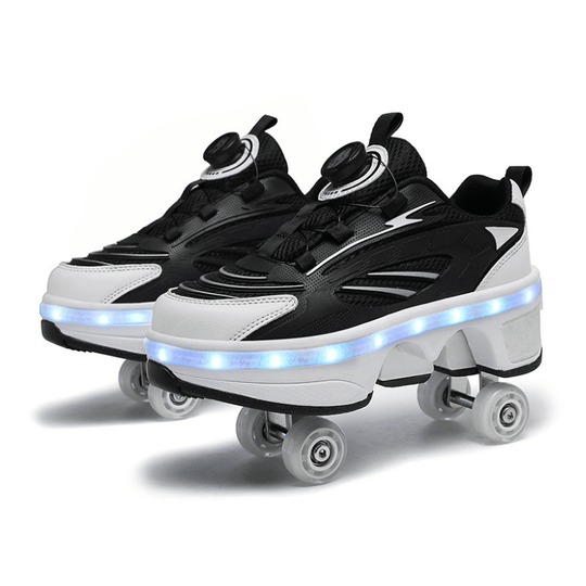 Kick Speed Viper Twist Lock LOW Roller Skate Shoes with LED lights in black with illuminated sole on white background