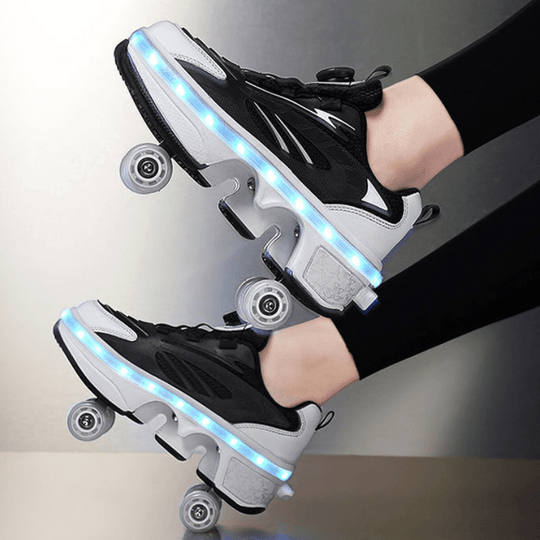 side view of black LED roller skate shoes showing retractable wheels and bright LED lights