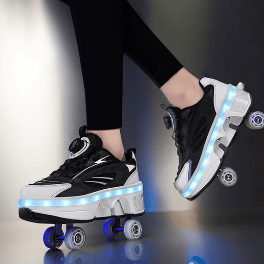 front angle of black Kick Speed LED roller shoes highlighting twist lock design and light-up sole
