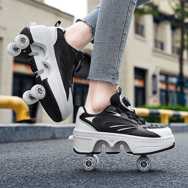 black LED shoes with wheels that pop out for adults featuring bright sole and four-wheel retractable wheels design outdoors