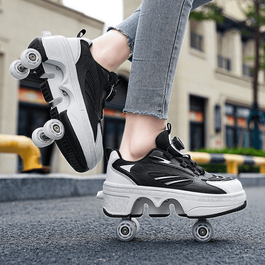 black LED shoes with wheels that pop out for adults featuring bright sole and four-wheel retractable wheels design outdoors